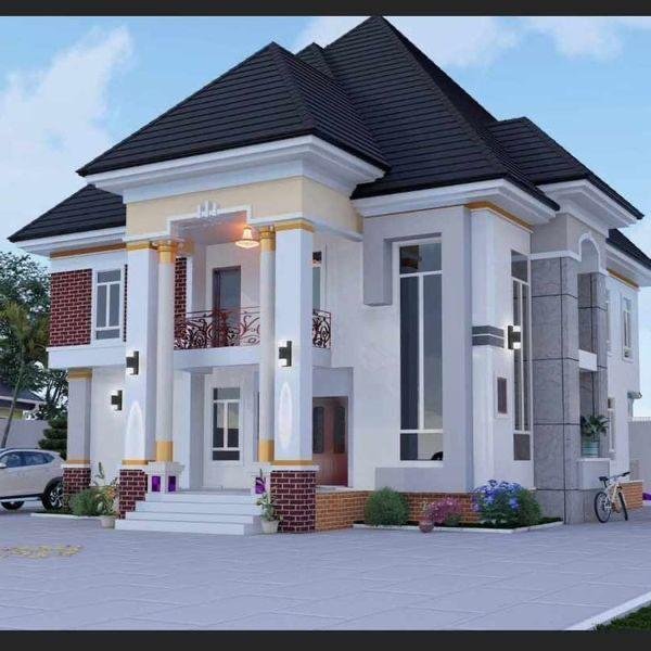 3D architectural render of a bungalow with red brick accents and steel balcony railings