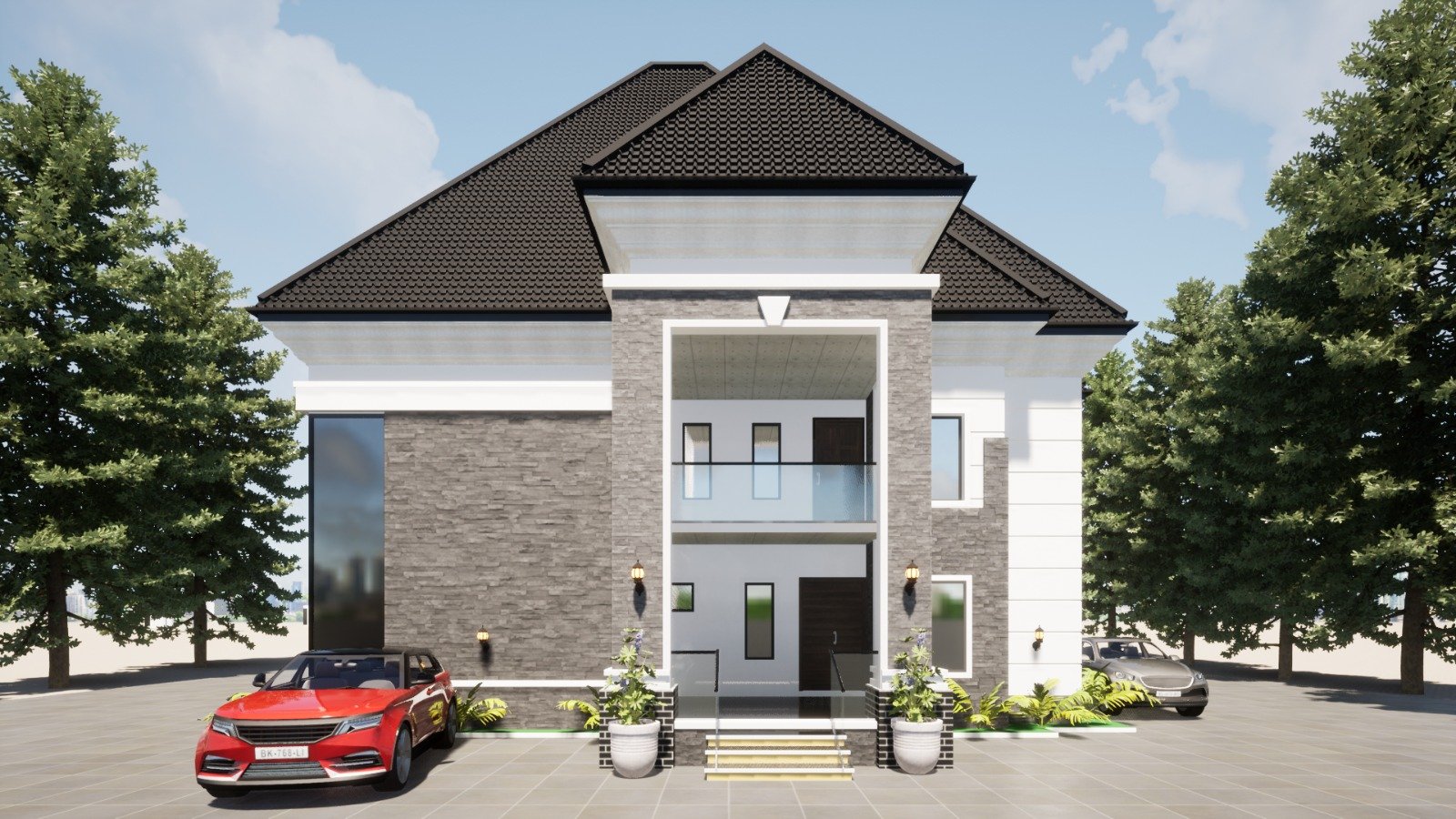 3D architectural render of a symmetrical bungalow with stacked stone feature wall
