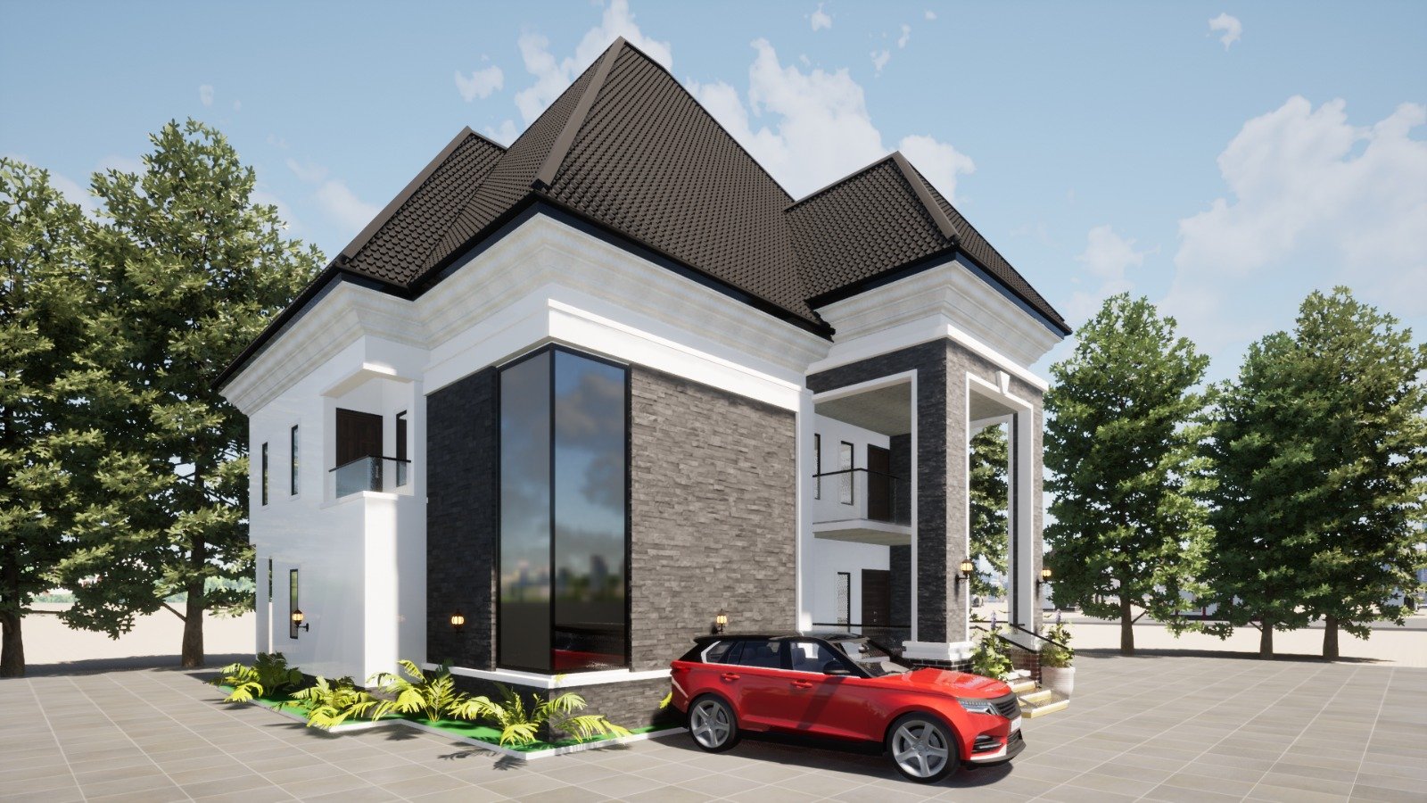 3D architectural render of a two-storey residential building