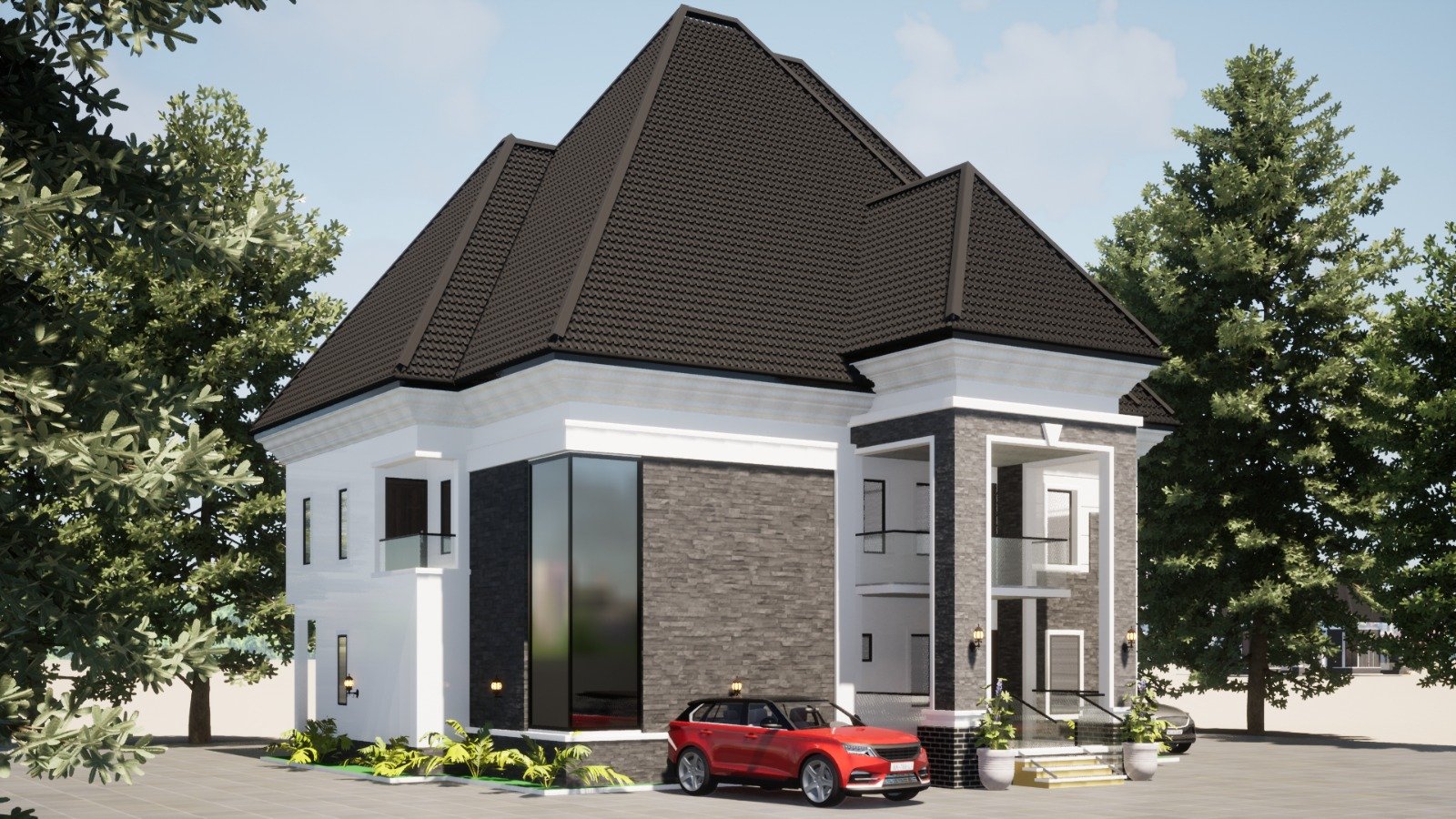3D architectural render of a residential building with dark tiled roof and dual entrance towers