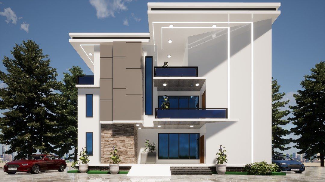 3D architectural render of a contemporary residential building with dark glazing and blue accent panels