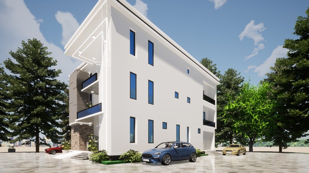 3D architectural render of a multi-storey contemporary building in white render finish