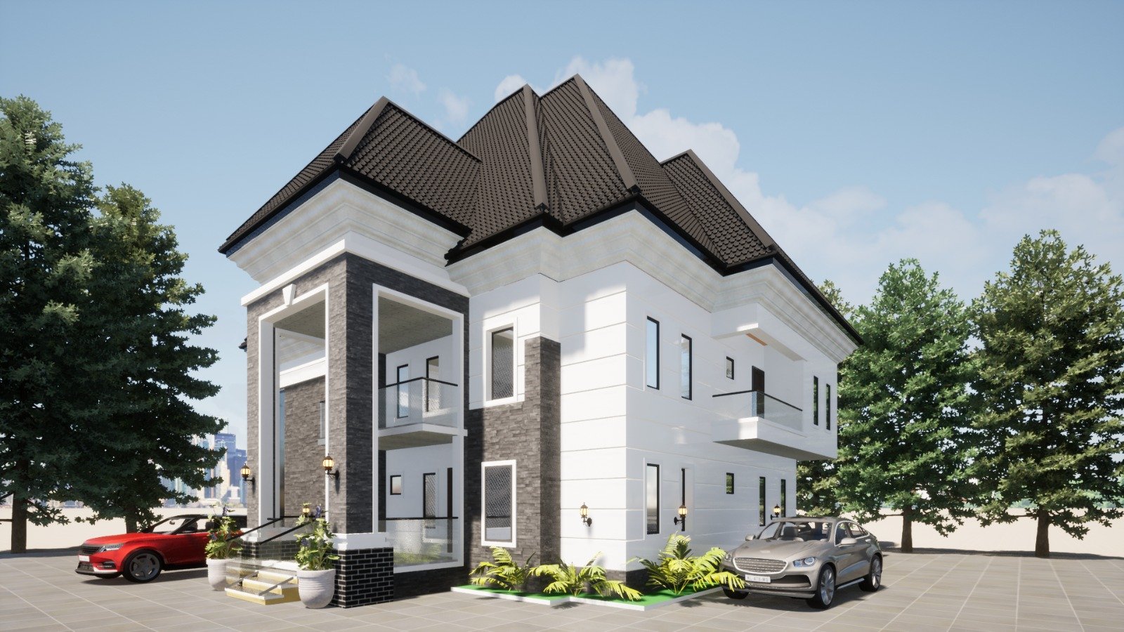 3D architectural render of a white and grey stone-clad duplex with balconies